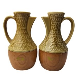 🍒 Vintage MCM Japan Ceramic & Wood Oil & Vinegar Cruet Set